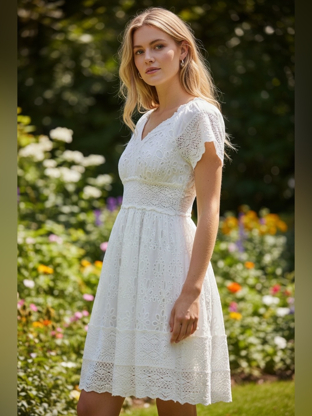 Me 2 Magic white eyelet smocked boho beachy dress coquette mini sz L